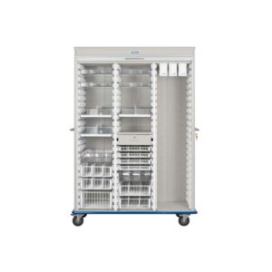 Three Column, Triple Wide LogiCell Catheter Cart with Catheter Slides, Shelves, Wire Baskets, and Clear Tubs, Tambour Door with Key Lock-(Cat.#2653TTTGKLCAT3)