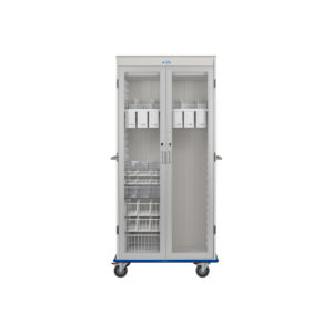 Two Column, Double Wide LogiCell Catheter Cart with Shelves, Wire Baskets, and Clear Tubs, Tempered Glass Doors with Key Lock-(Cat.#2652DTHGKLCAT6)