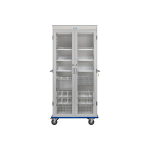 Two Column, Double Wide LogiCell Catheter Cart with Shelves, Wire Baskets, and Clear Tubs, Tempered Glass Doors with Key Lock-(Cat.#2652DTHGKLCAT8)