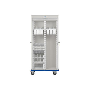 Two Column, Double Wide LogiCell Catheter Cart with Shelves, Wire Baskets, and Clear Tubs, Tambour Door with Key Lock-(Cat.#2652DTTGKLCAT6)
