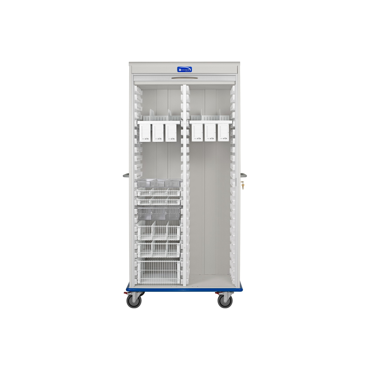 Two Column, Double Wide LogiCell Catheter Cart with Shelves, Wire Baskets, and Clear Tubs, Tambour Door with Key Lock-(Cat.#2652DTTGKLCAT6)