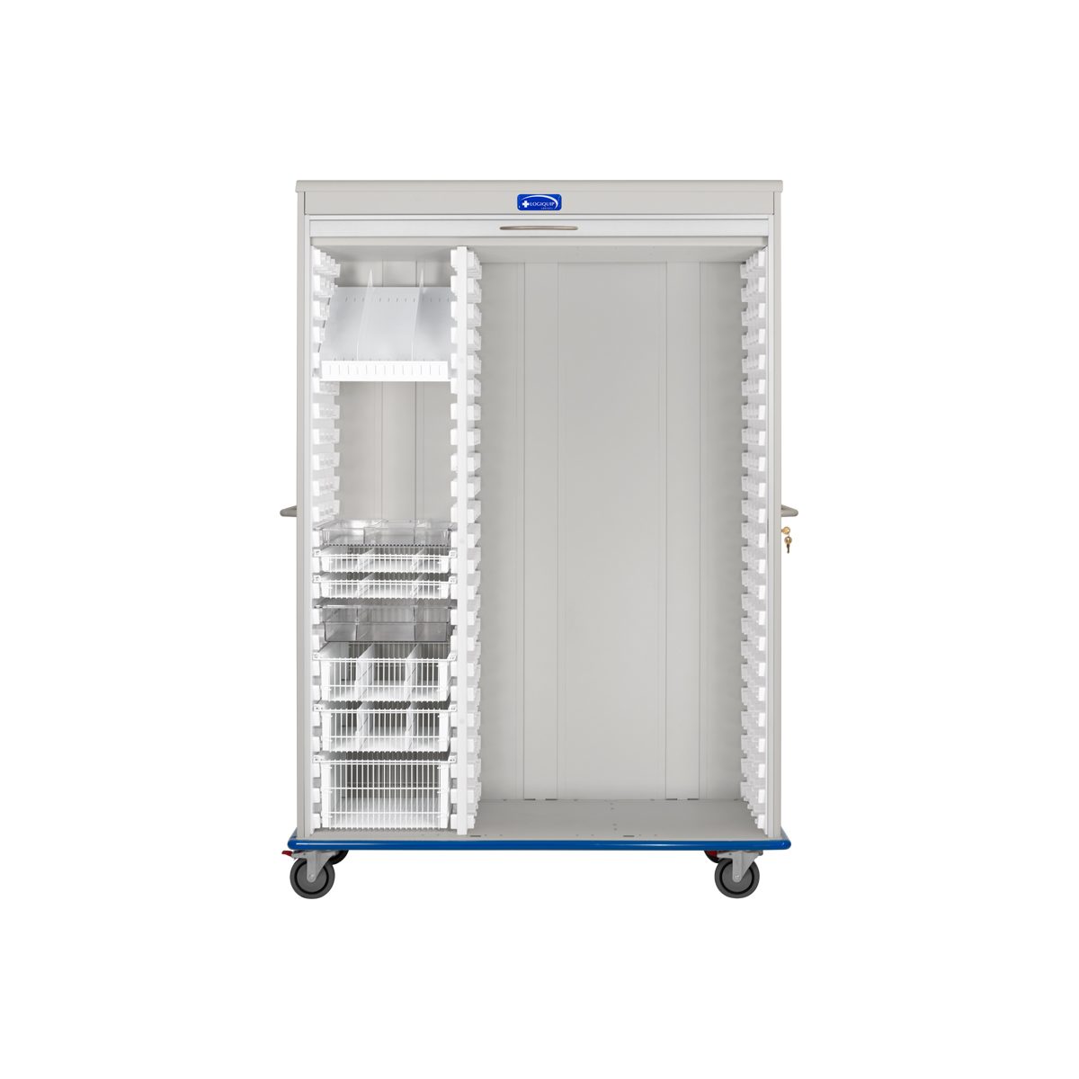 Two Column, Triple Wide LogiCell with Catheter Slides, Shelves, Wire Baskets, and Clear Tubs, Tambour Door with Key Lock-(Cat.#2652TTLCTGKLCAT4)