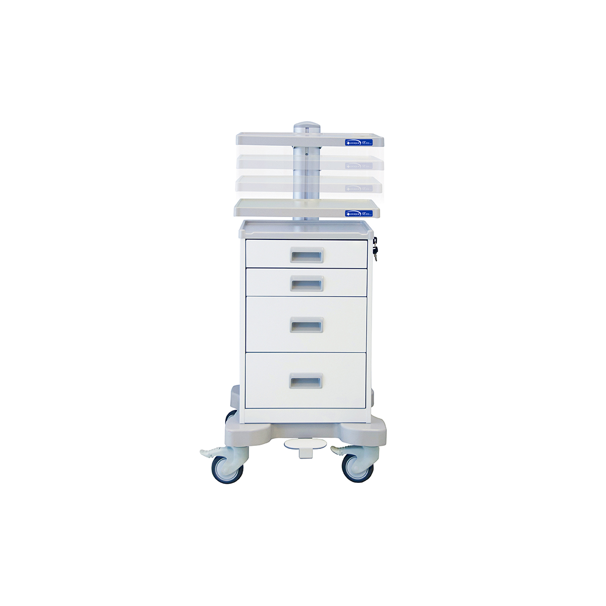 Equipment-Cart-in-Motion_NB_web 34.5''-46.5'' Tall Height Adjustable PPE Cart, Key Lock, Four Drawer-(Cat.#QTP3366-WHI)