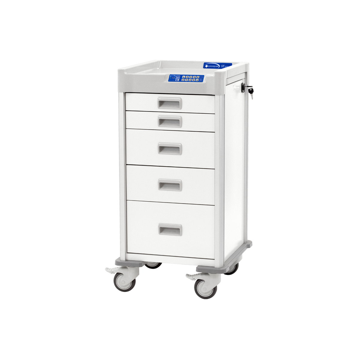 QTN40W27K33669W_1-Narrow-Procedure-Cart_NB_web Treatment Cart, 40'' Tall Narrow, eLock, Five Soft-Close Drawers, Pull-Out Shelf-(Cat.#QTN40W27E33669W)